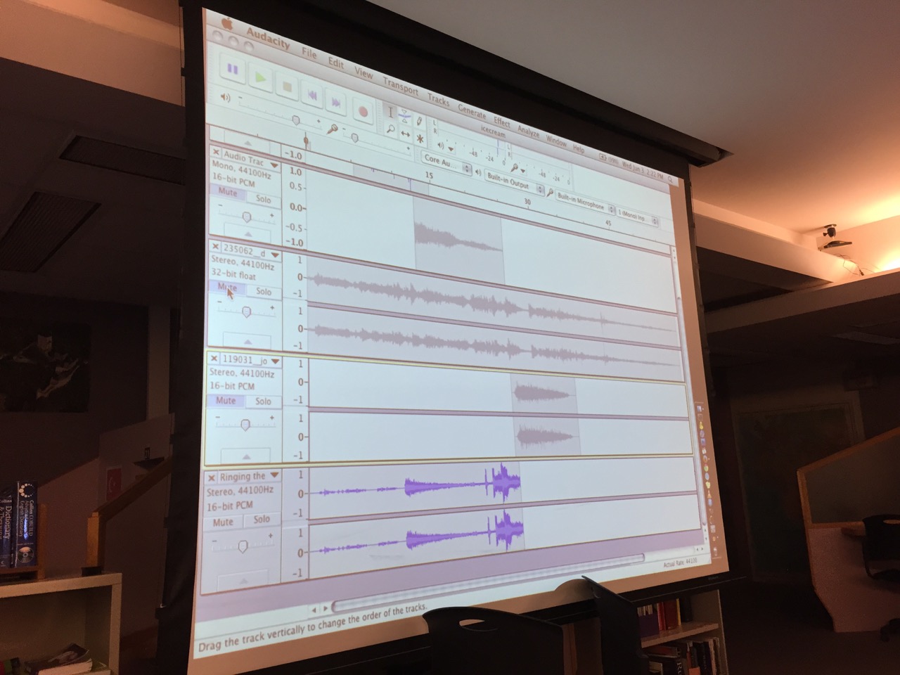 Students working with audio files in Audacity during class